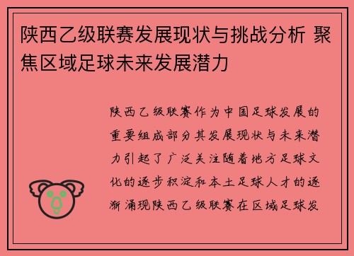 陕西乙级联赛发展现状与挑战分析 聚焦区域足球未来发展潜力
