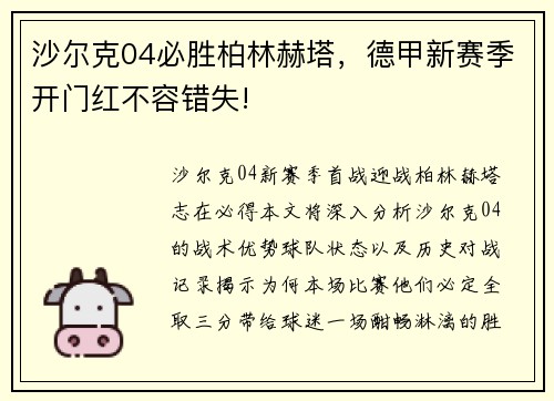 沙尔克04必胜柏林赫塔，德甲新赛季开门红不容错失!