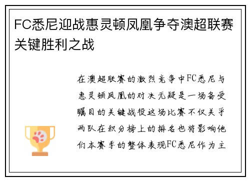 FC悉尼迎战惠灵顿凤凰争夺澳超联赛关键胜利之战