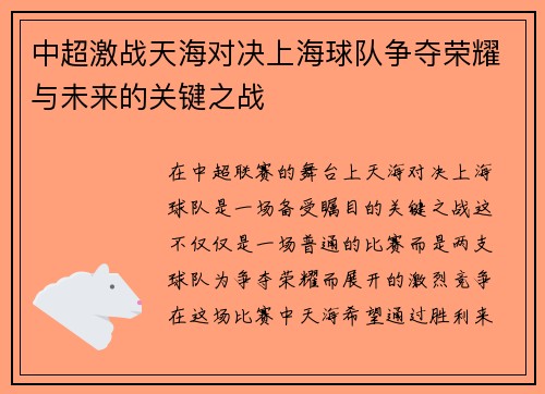 中超激战天海对决上海球队争夺荣耀与未来的关键之战